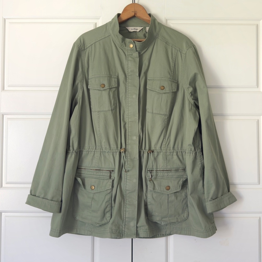 LL Bean Freeport Utility Field Jacket Womens 2X Green Military Pockets Drawcord